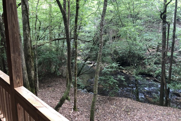 Rolling creek surrounds the cabin on 3 sides