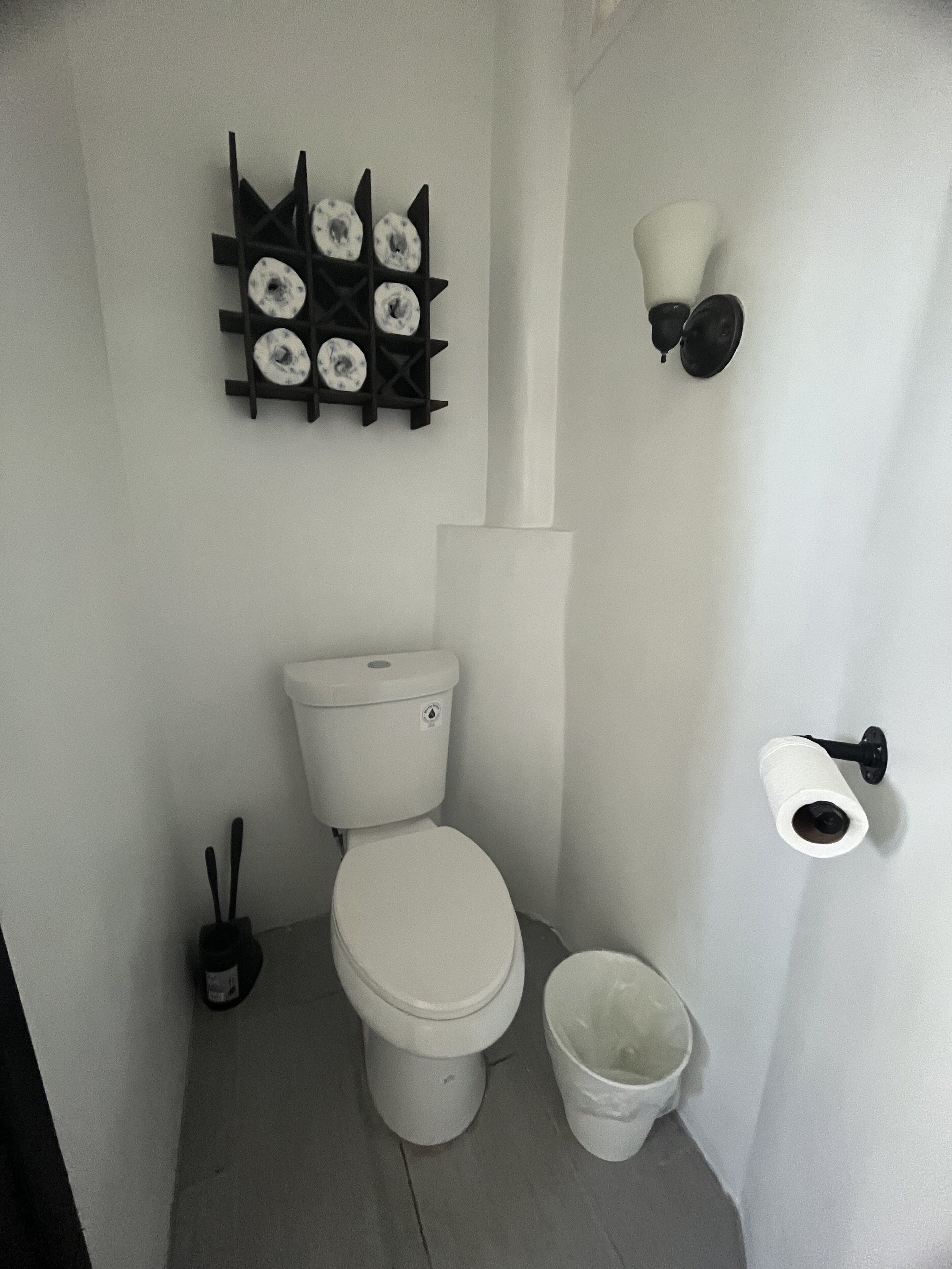 A small, white bathroom with a toilet, a wall-mounted toilet paper holder, a wall-mounted light fixture, and a decorative wall piece.