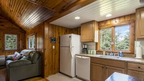A cozy cabin interior with wooden walls, a kitchenette, a sofa with floral cushions, and a view of trees through the windows.