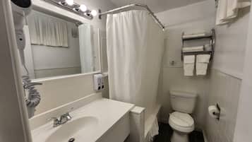 Hair dryer, towels, soap, toilet paper