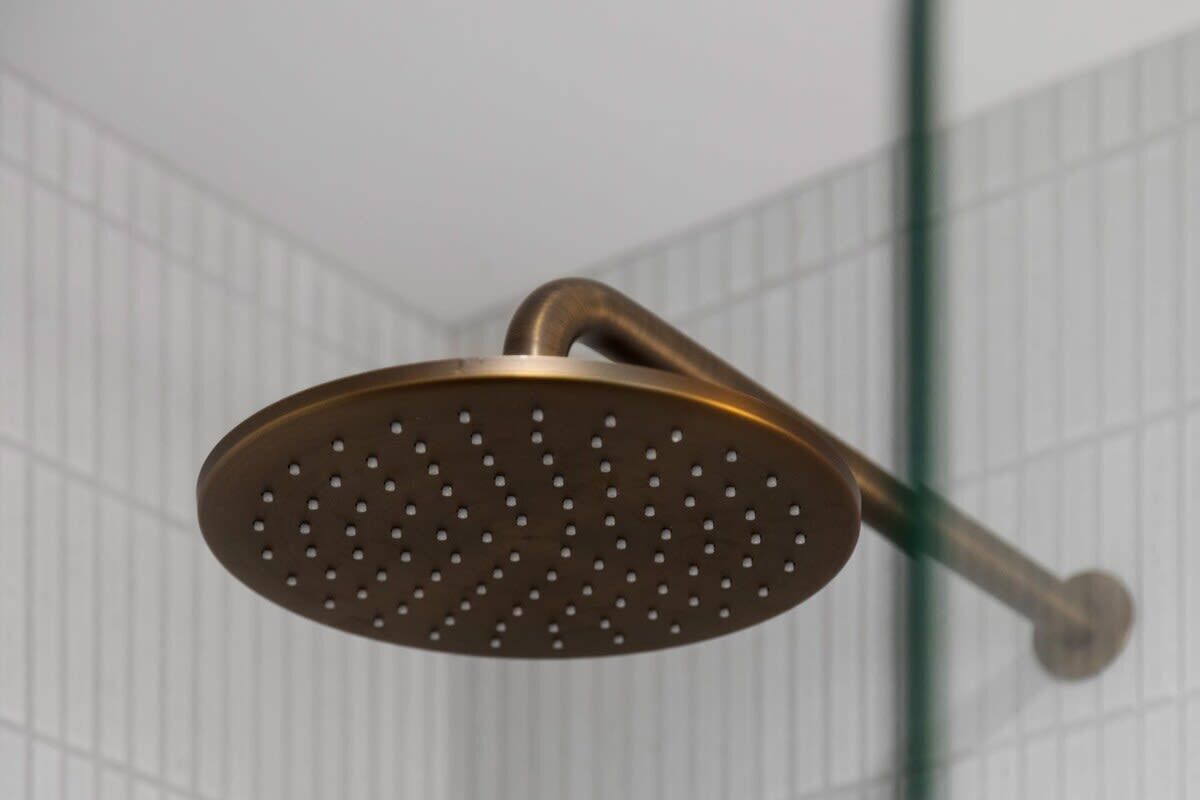A showerhead with a curved handle and multiple holes.
