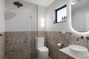 Shower, hair dryer, towels