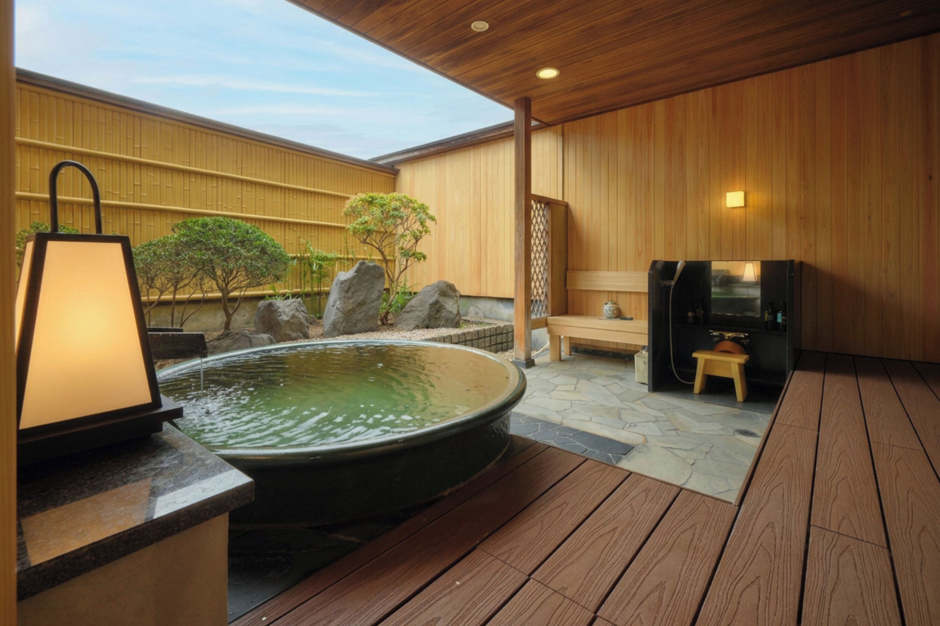 A wooden deck with a hot tub, a bench, and a small table with a lamp.