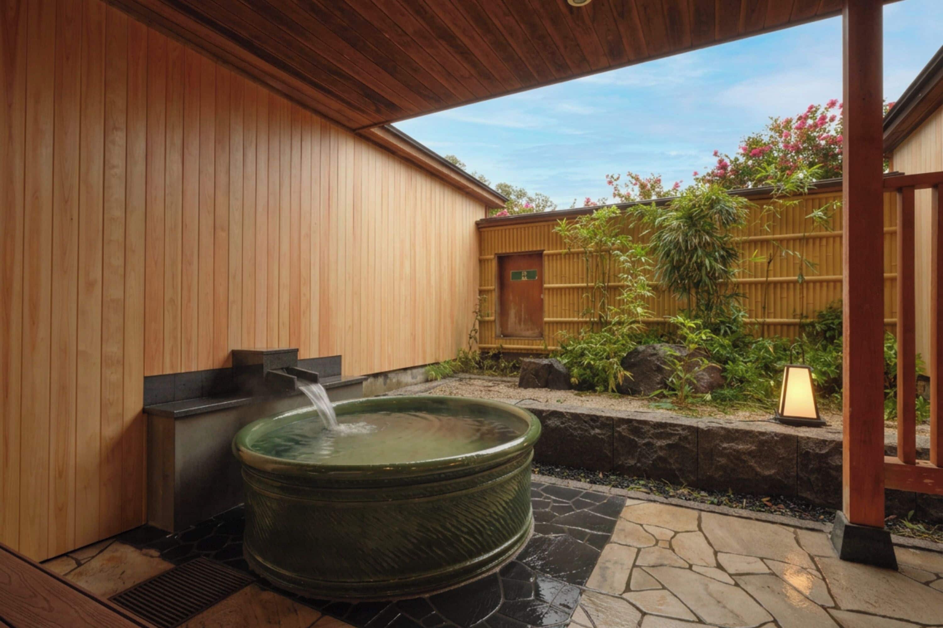A traditional Japanese-style bath area with a stone floor, wooden walls, and a bamboo fence.