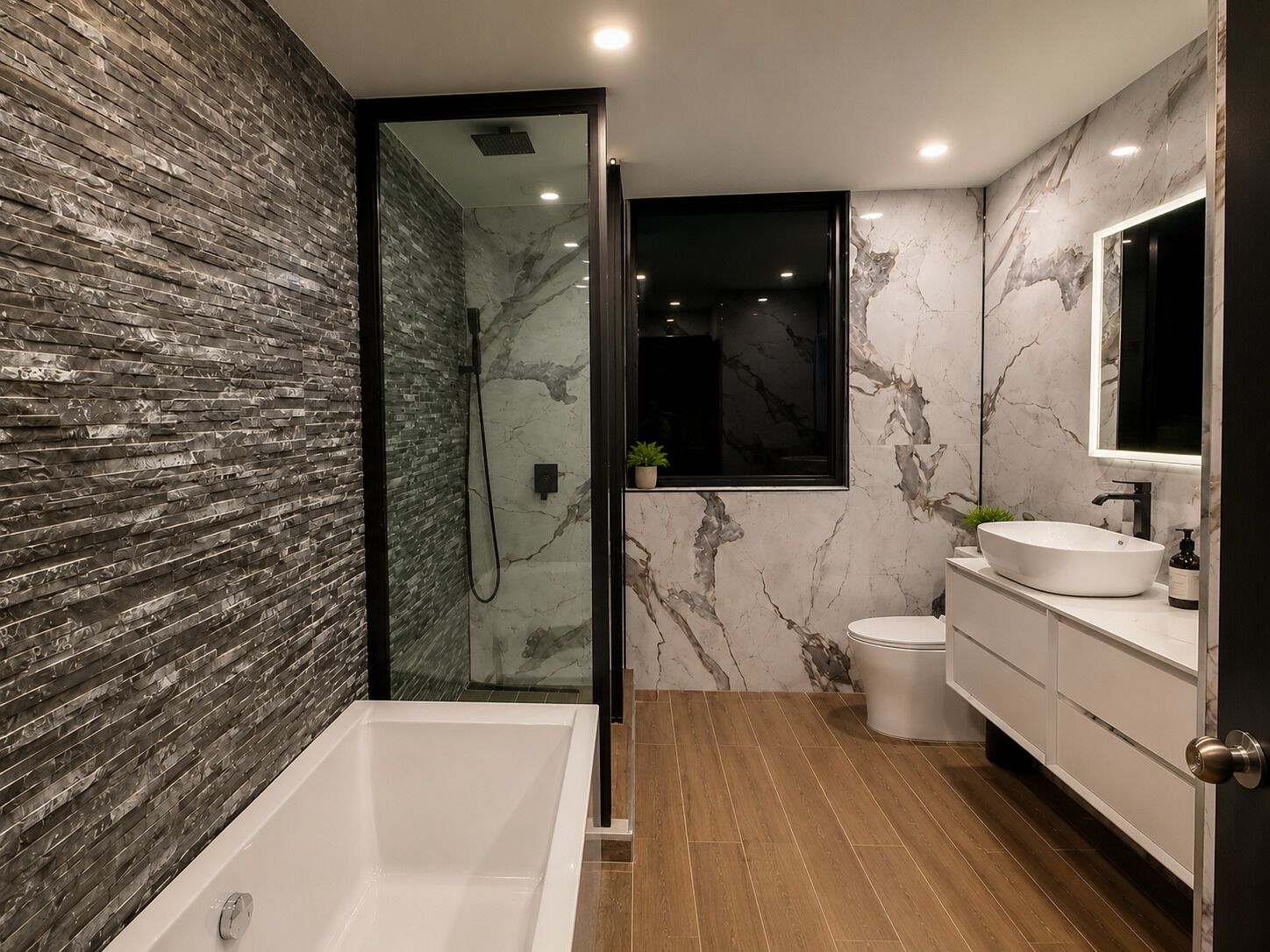 Shower, jetted tub, hair dryer, bidet