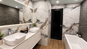 Shower, jetted bath, hair dryer, bidet