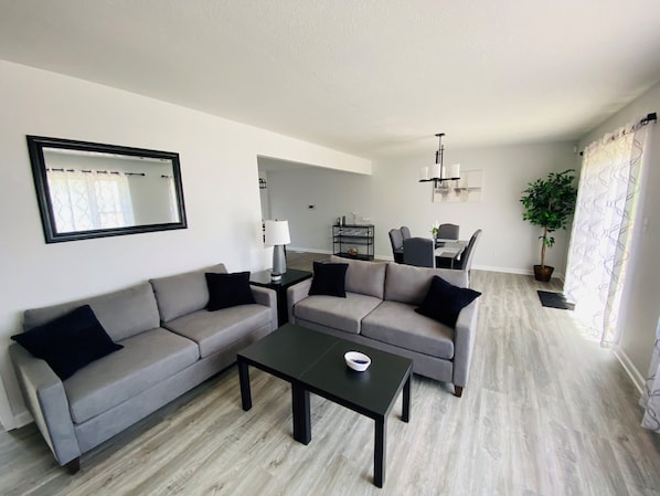 Smart TV, fireplace, video games, DVD player