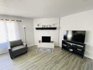Smart TV, fireplace, video games, DVD player
