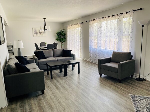 Smart TV, fireplace, video games, DVD player