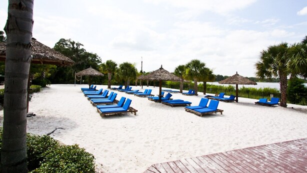 A beach with rows of blue lounge chairs and thatched umbrellas. - It1072 - 3 Condo in Bahama Bay Resort, Sleeps Up To 6, Just 5 Miles To Disney (Davenport)