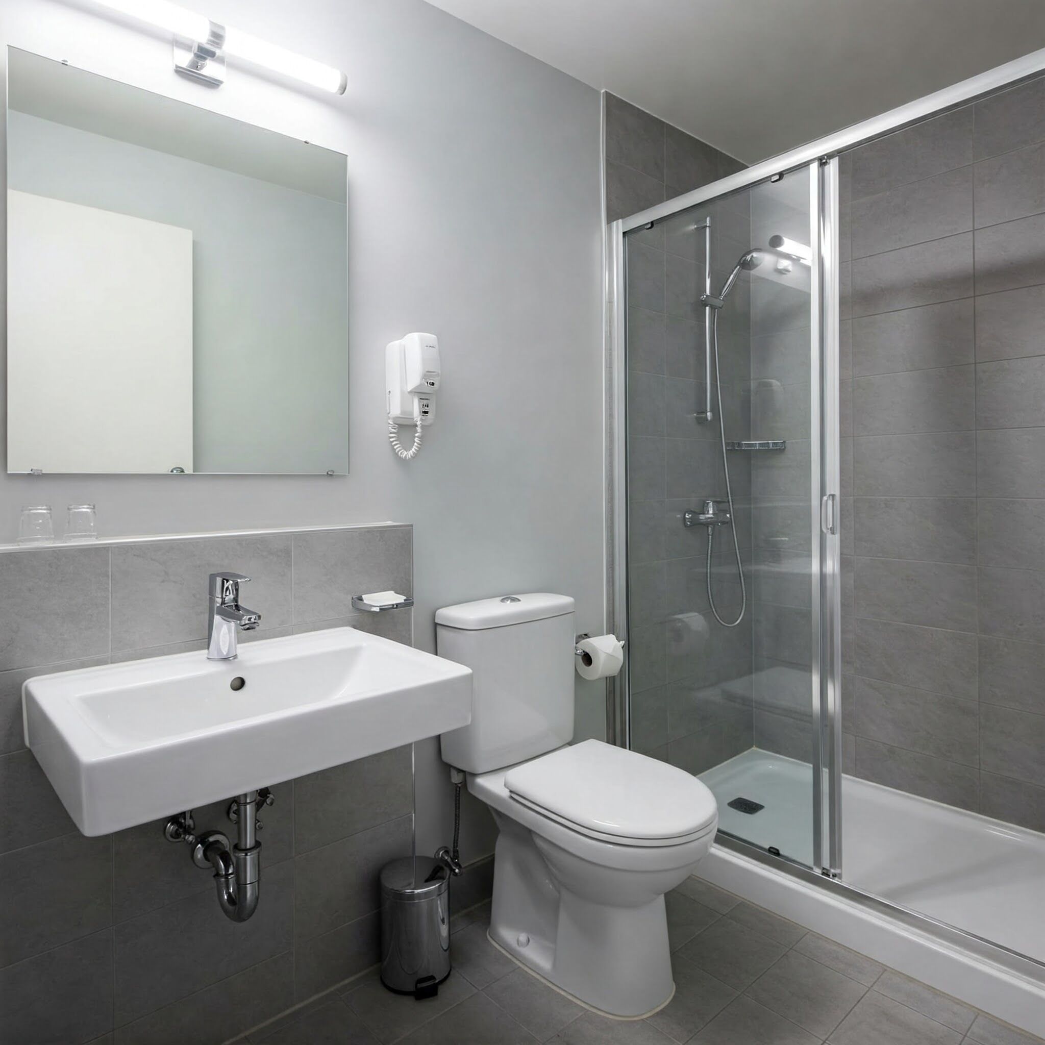 Et moderne badeværelse med hvid vask, toilet og brusekabine med glasvægge.