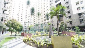 Edifici residencial amb diversos balcons, un pati ajardinat amb palmeres i paviment de pissos.