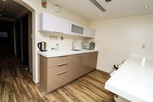 Microwave, paper towels, kitchen islands