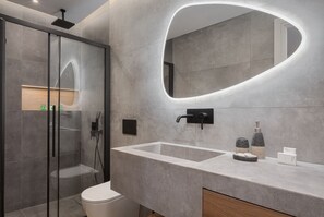 Een douche, milieuvriendelijke toiletartikelen, een haardroger