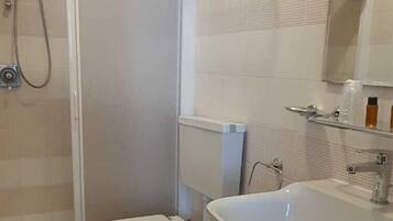 A bathroom with a shower, toilet, bidet, and sink.