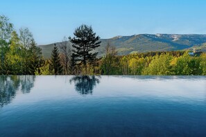 A serene outdoor pool with a clear view of a forested mountain range in the background.