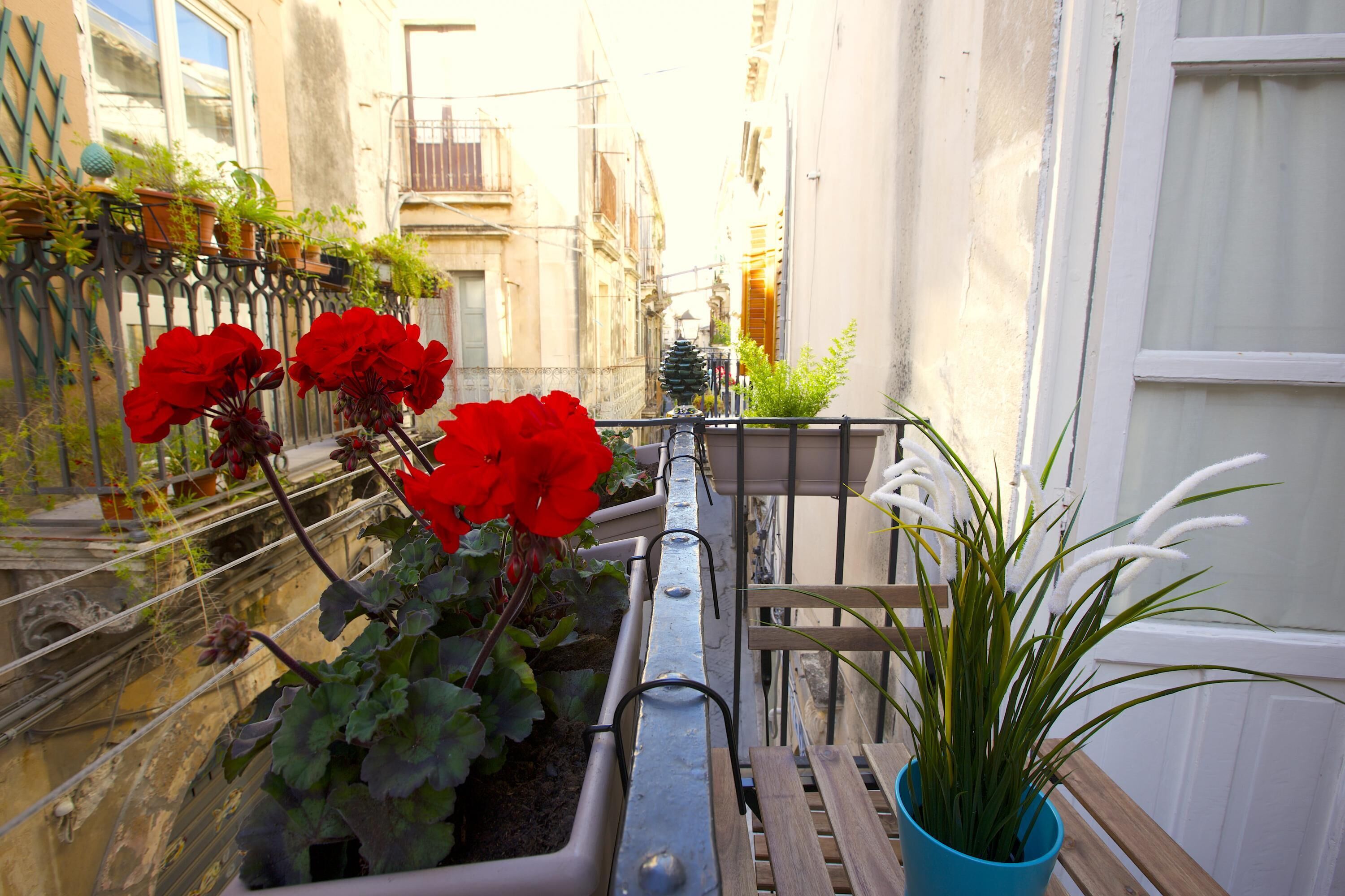 Uma rua urbana estreita com uma fileira de vasos de plantas e flores ao longo da calçada.
