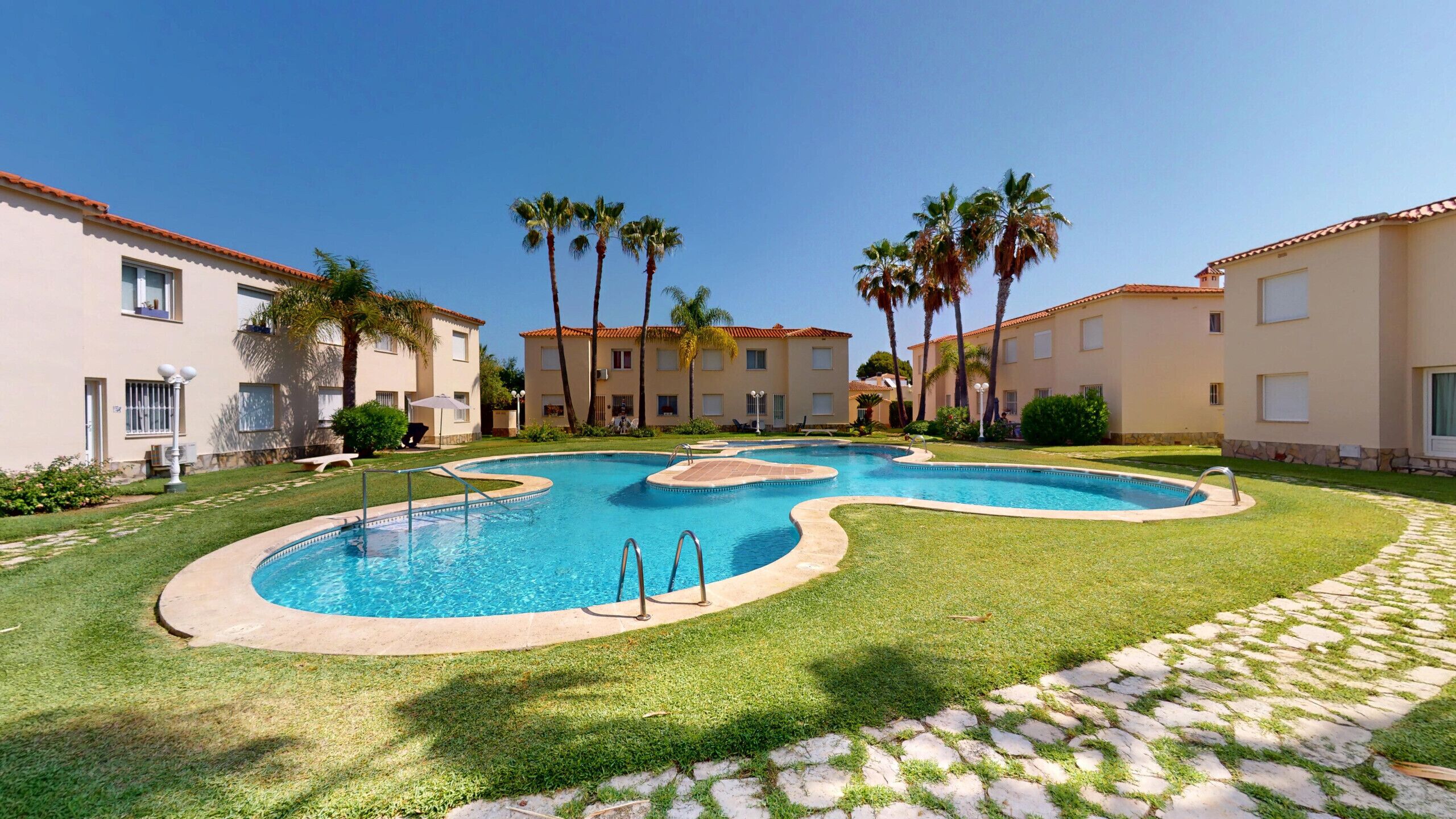 A swimming pool with a wavy design, surrounded by a well-maintained lawn and palm trees.