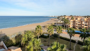 Un hotel fronte spiaggia con piscina, palme e vista sul mare.