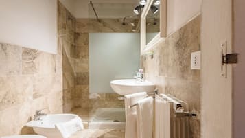 Shower, hair dryer, bidet, towels