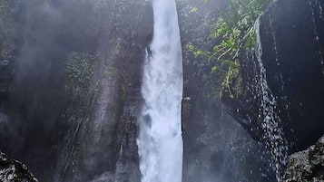 Una cascada en zona boscosa con una persona de pie en el agua.