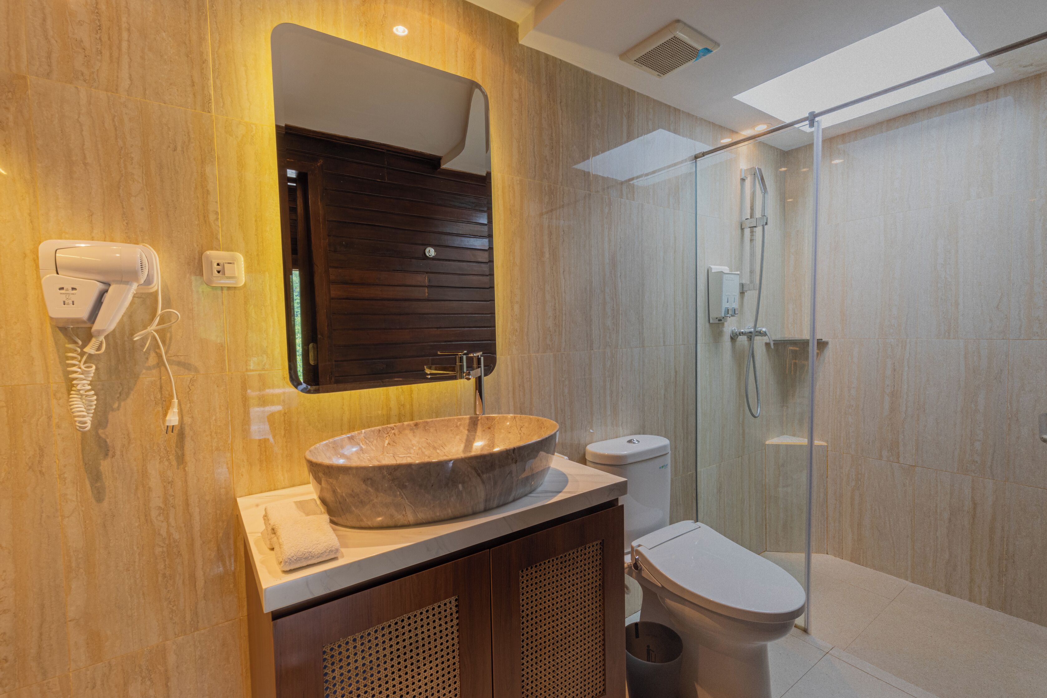 A modern bathroom with a large oval sink, a toilet, and a glass-enclosed shower.