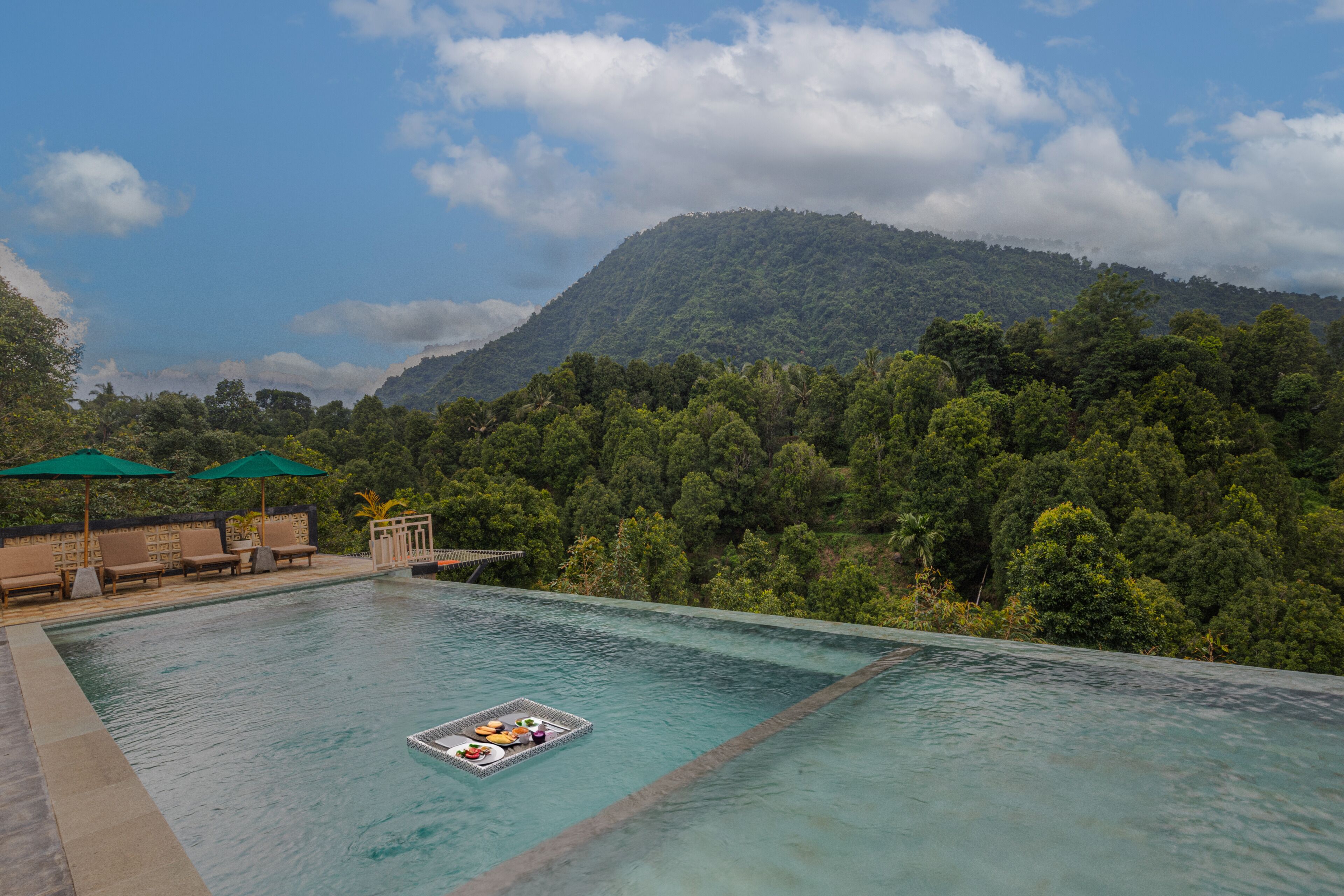 A pool with a floating bar area, surrounded by lush greenery and a mountain in the background.
