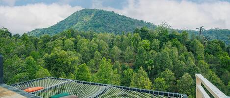 Eine Dachterrasse mit Netzfußboden und Kissen, mit Blick auf einen üppigen, bewaldeten Hang.