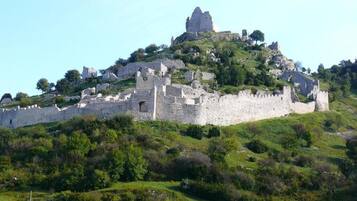 A historic stone castle on a hill with ruins and greenery.