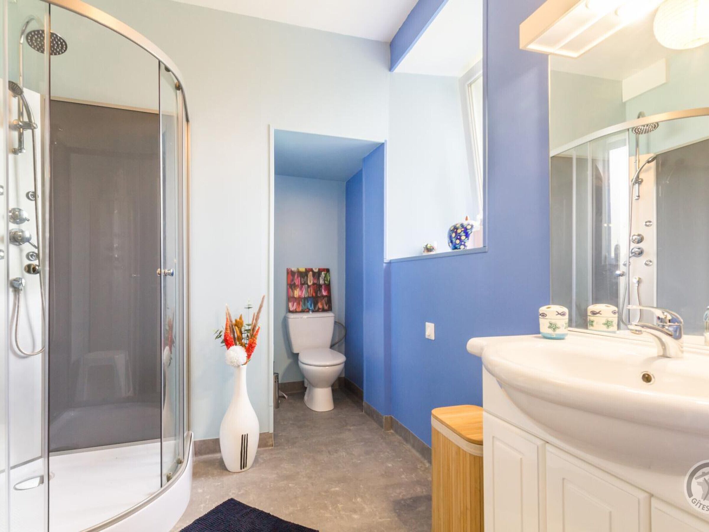 A bathroom with a glass shower enclosure, a white toilet, a sink with a mirror, and a blue accent wall.