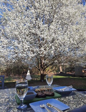 Une table à manger installée à l’extérieur, avec un verre d’eau, un verre de vin et une assiette de nourriture, le tout mis en valeur par un arbre en fleurs en arrière-plan.