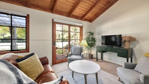 TV, fireplace, books
