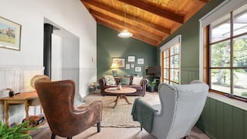 TV, fireplace, books