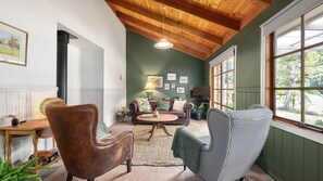 Televisión, chimenea y libros 