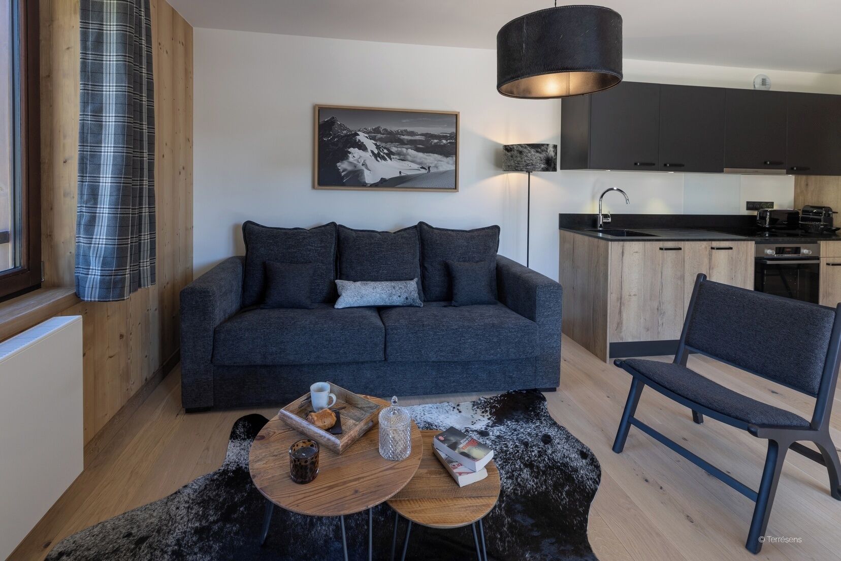 A modern living room with a grey sofa, a wooden coffee table, and a black and white rug.