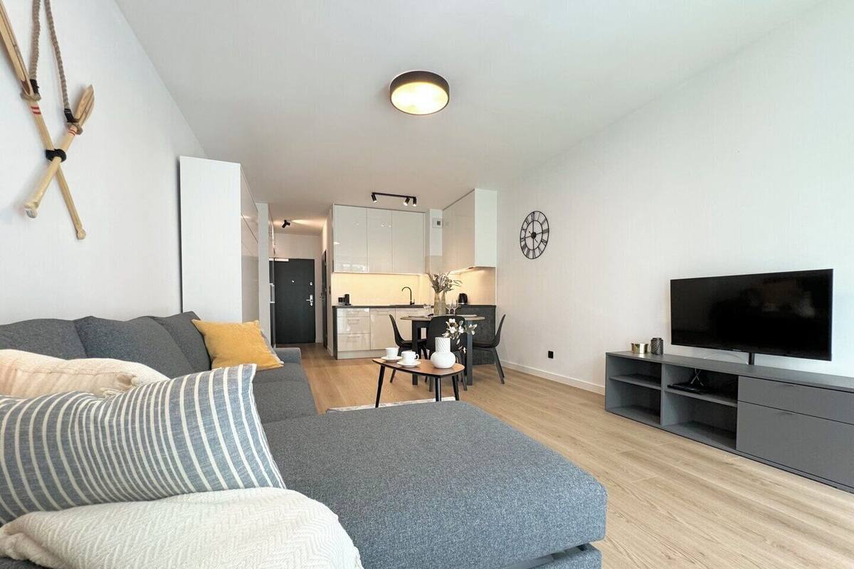 A modern living room with a grey sofa, a TV, and a kitchen in the background.