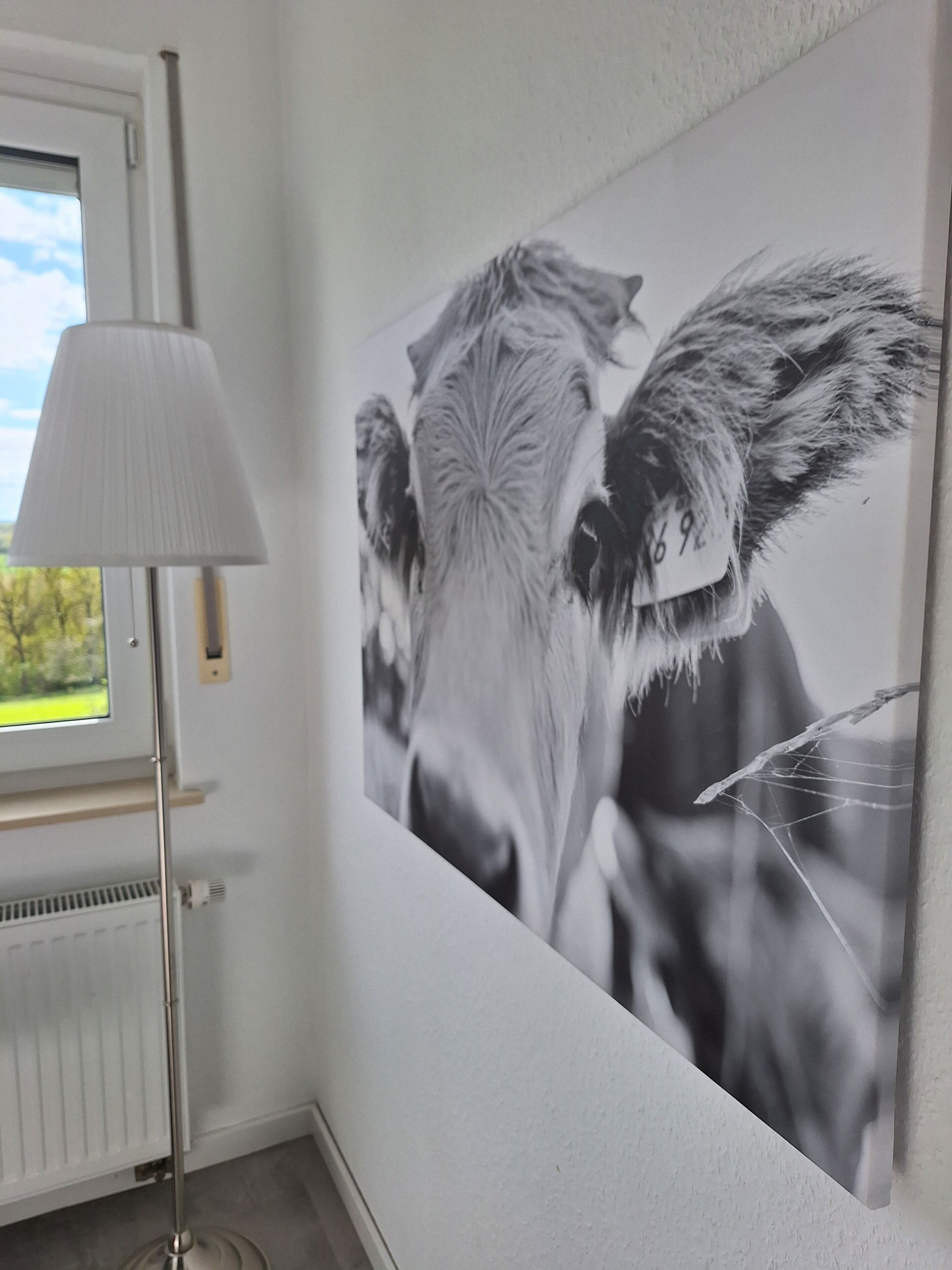 A room with a large black and white photograph of an animal on the wall, a floor lamp, and a window with a view of trees.