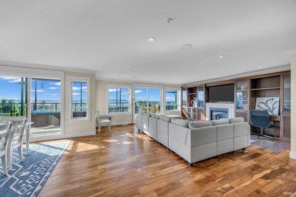 Smart TV, fireplace, books