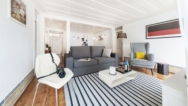 Ein modernes Wohnzimmer mit einem grauen Sofa, einem weißen Sessel und einem Streifen Teppich.