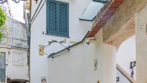 A narrow stone-paved street flanked by white buildings with green shutters and a stone staircase leading to an upper level. - L'Aurora house with sea view, WIFI, air conditioning, on the path of the Lemons (Minori)