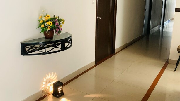 A hallway with a potted plant, a framed artwork, and a door with a number sign.
