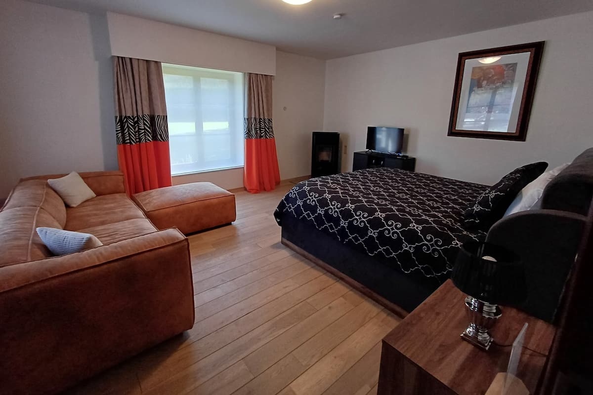 A modern hotel room with a sofa, a bed with a patterned bedspread, a TV, and a framed picture on the wall.