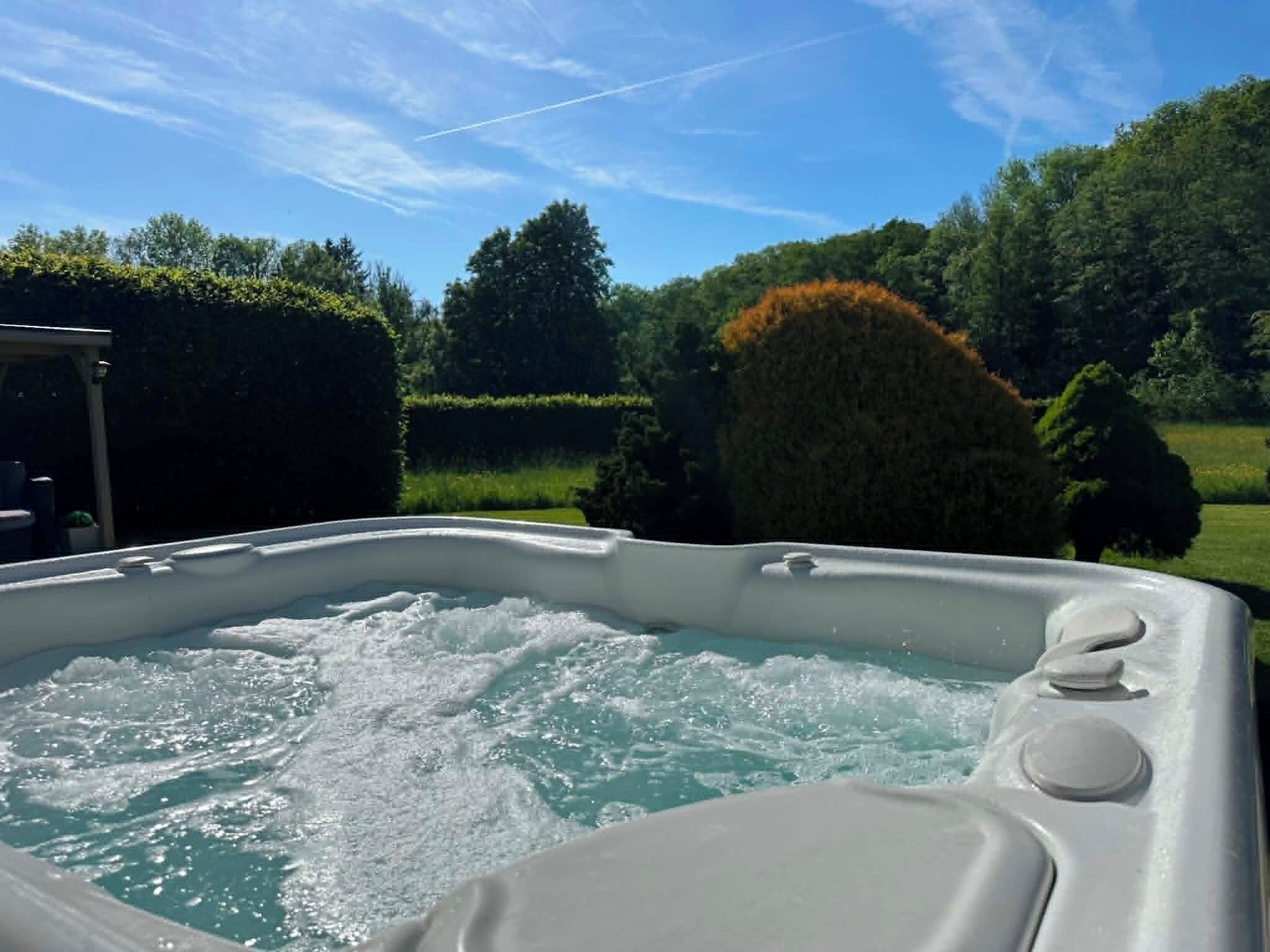 Un jacuzzi con vista despejada del jardín y árboles circundantes.