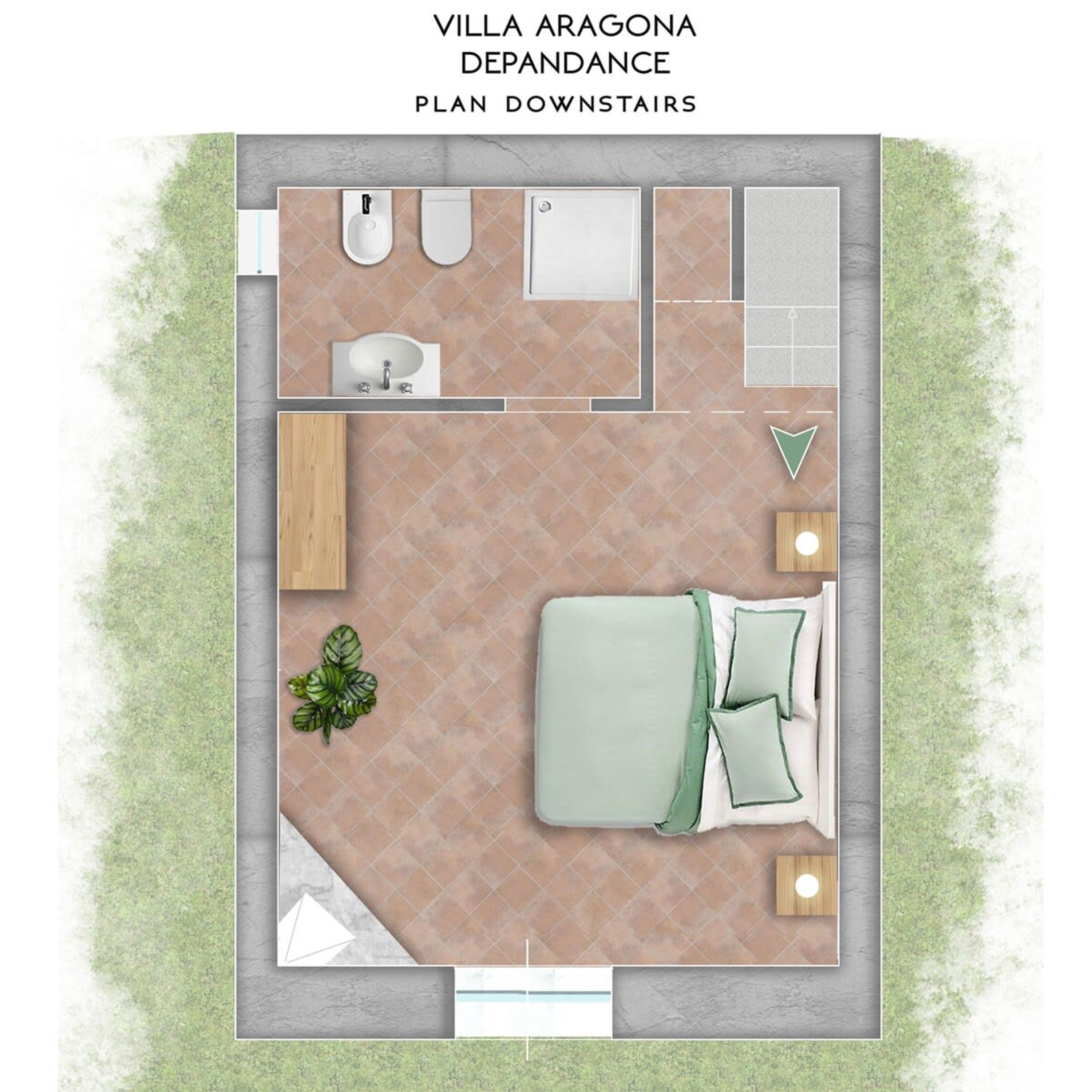 A villa layout with a bedroom, bathroom, and a small kitchen area.