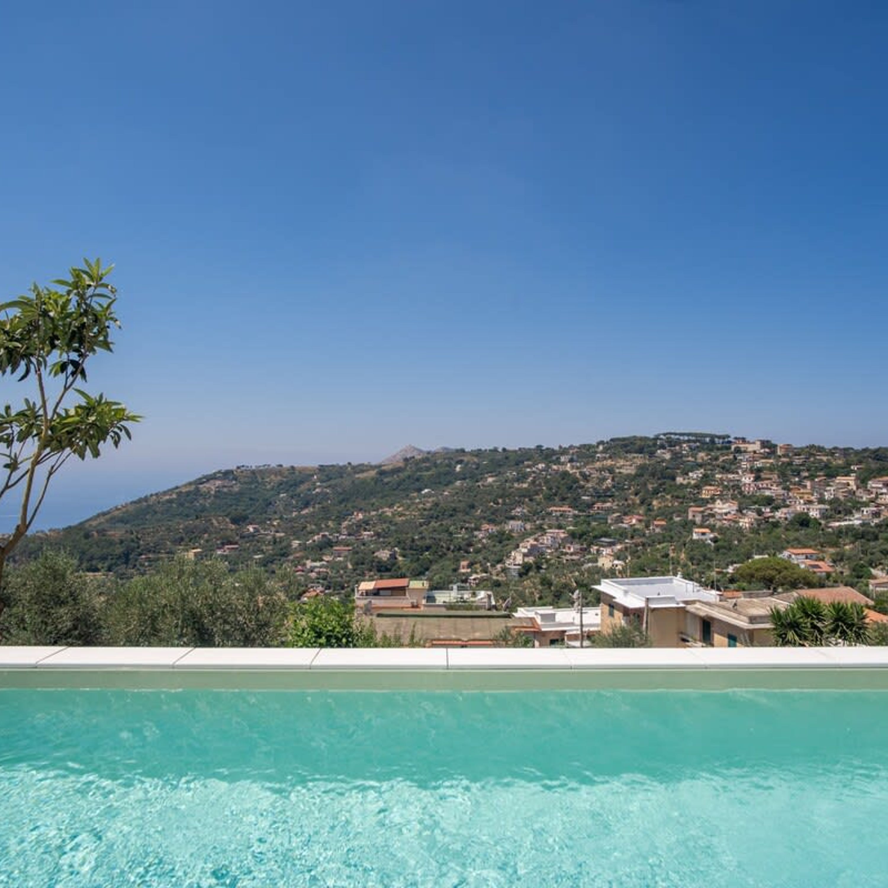A pool with clear water, a tree in the foreground, and a hillside with buildings in the background.