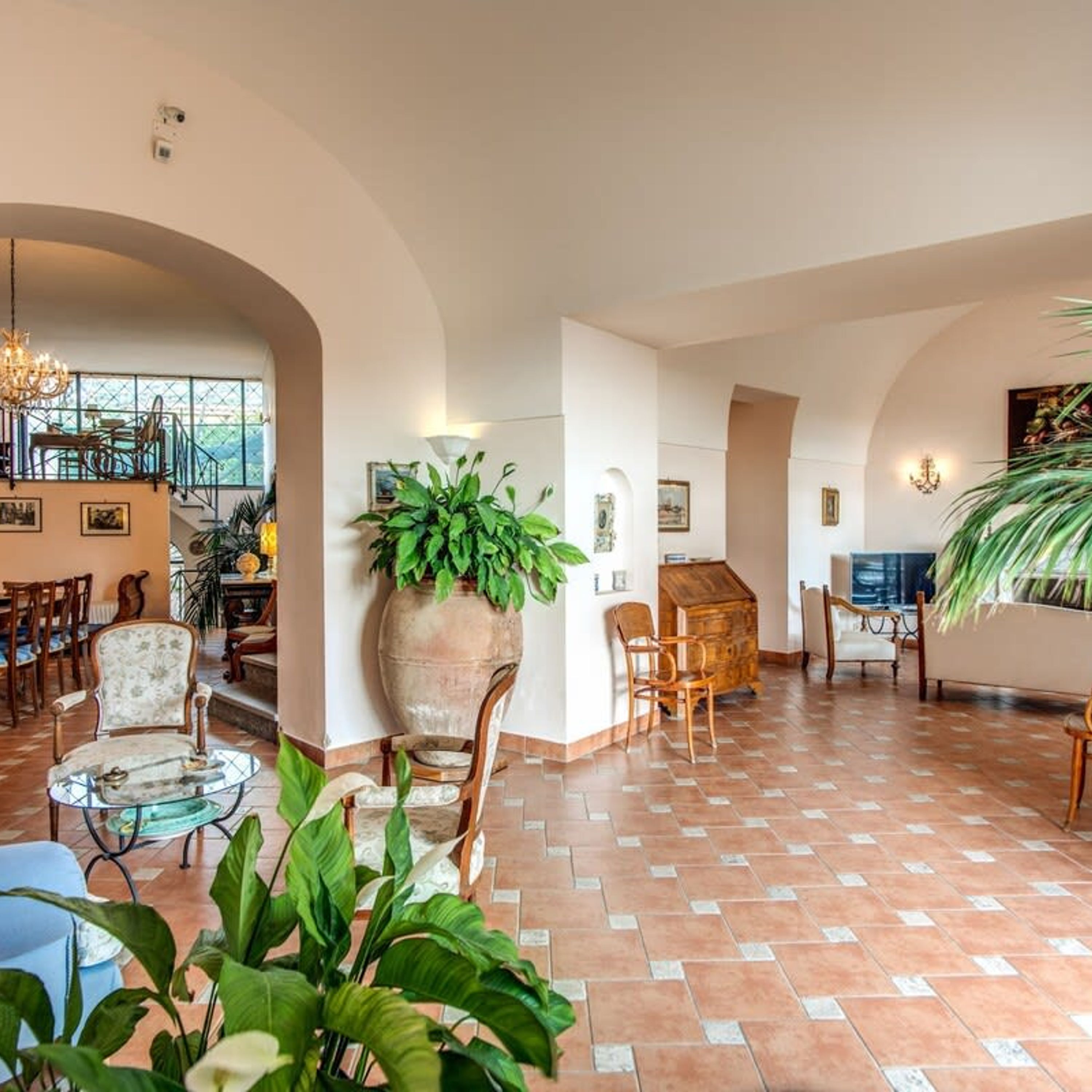 Un espacio habitable amplio con suelo de baldosas, una planta grande en maceta y un armario de madera.