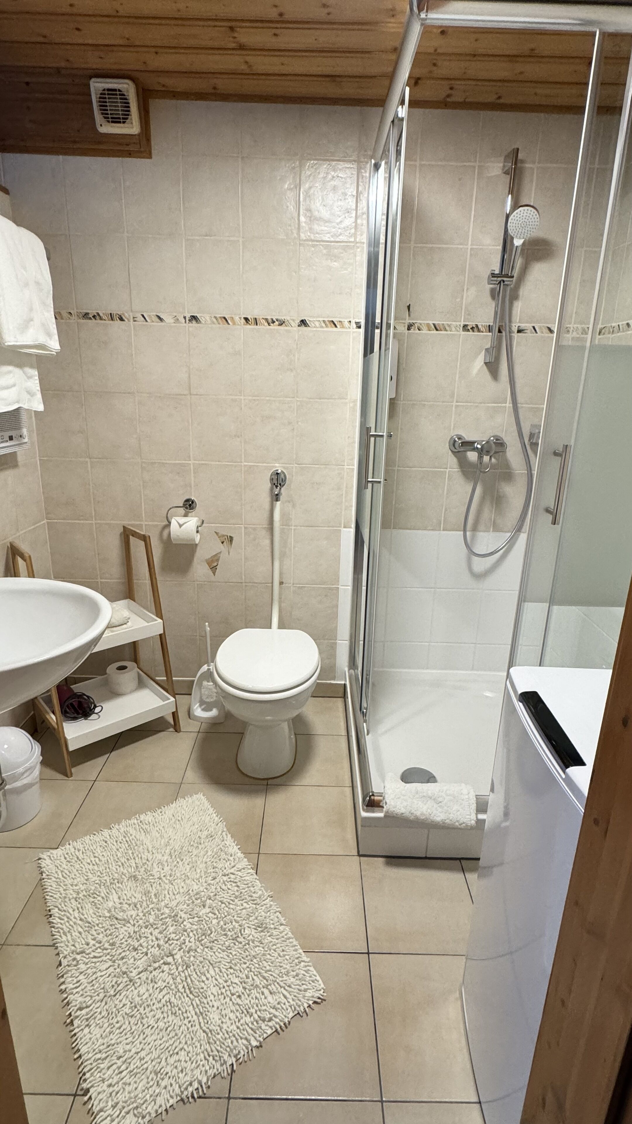 Hair dryer, towels, soap, shampoo