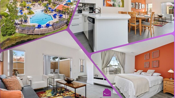 Ein Resort mit Swimmingpool, Küche, Essbereich und einem Schlafzimmer.