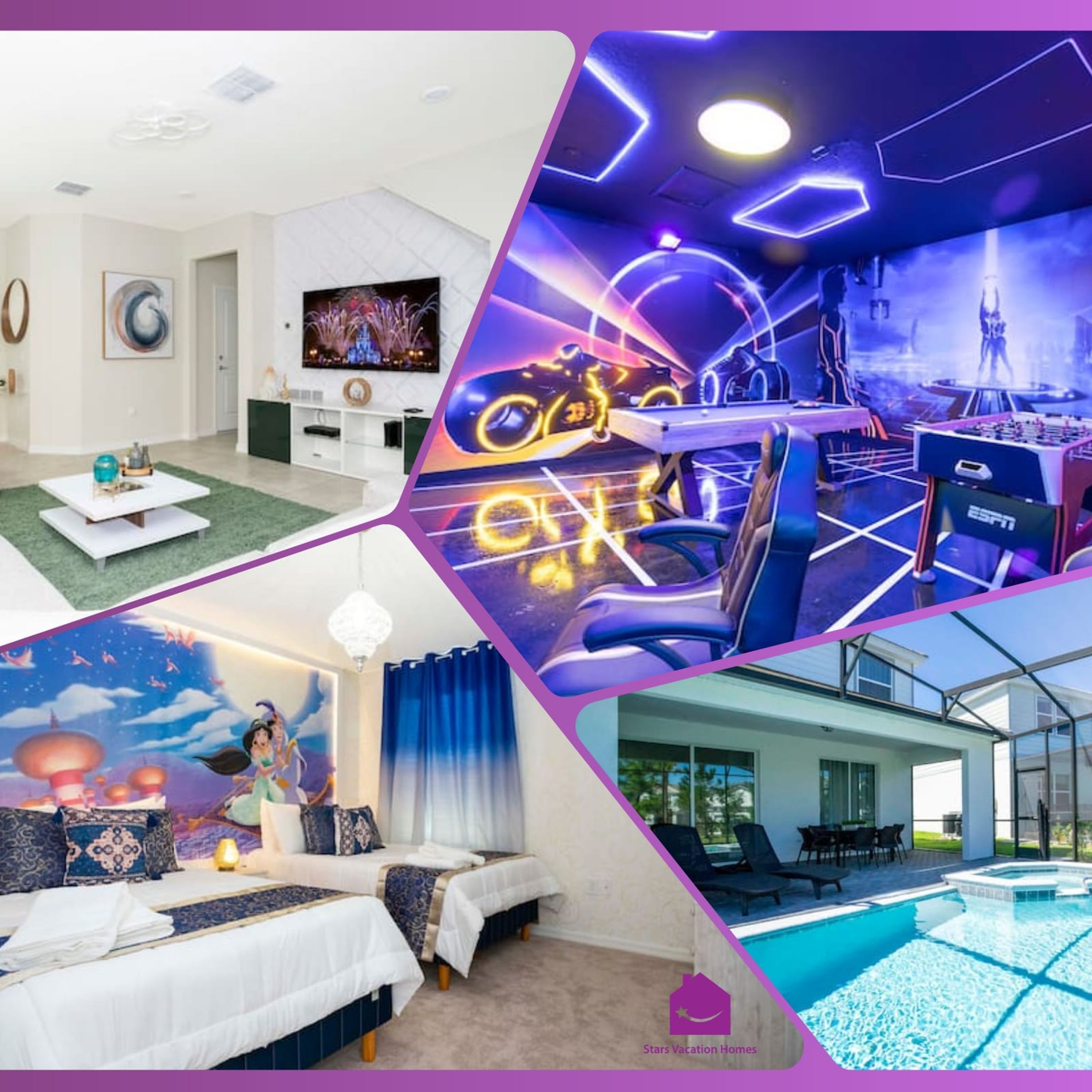 A hotel room with a large bed, a TV, and a pool area.