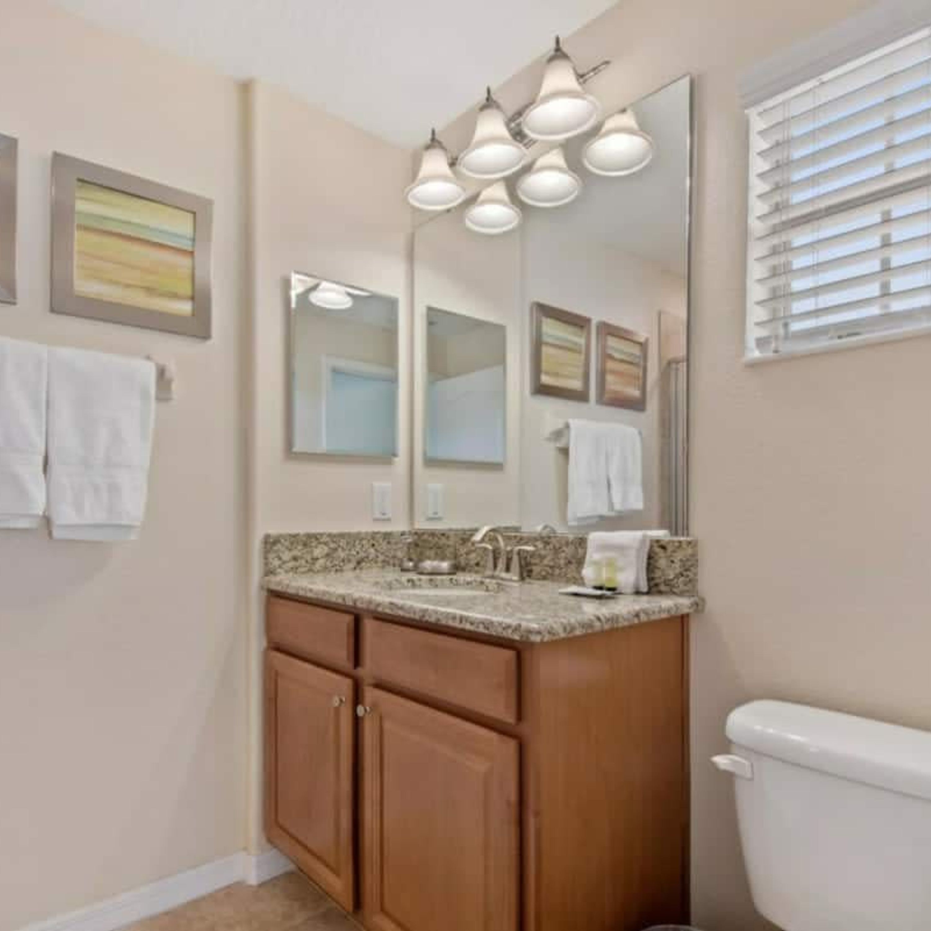 A bathroom with a granite countertop sink, wooden cabinets, a large mirror, and a toilet.